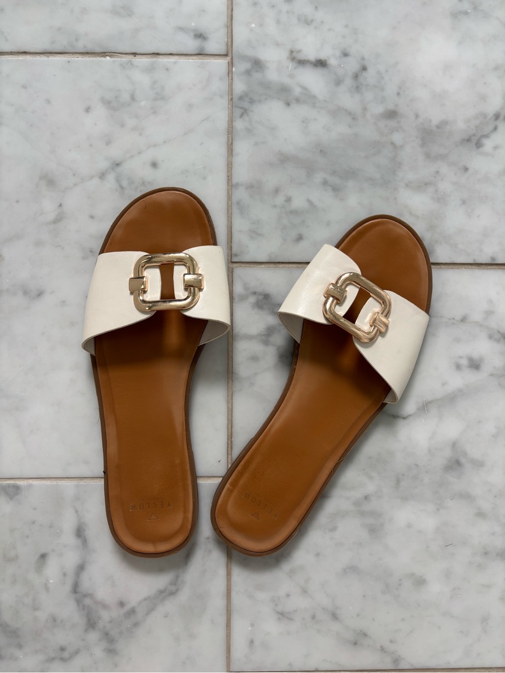 Yellow | Belize Leather Slide Sandals with Gold Chain Accent in White | Size 38